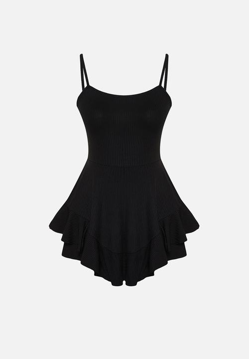 Trendyol - Strappy Flounce Mini Knitted Jumpsuit with Shorts - Black