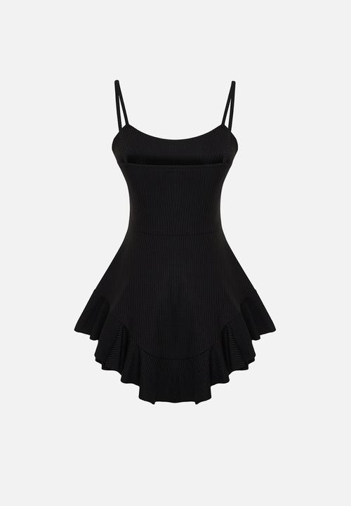Trendyol - Strappy Flounce Mini Knitted Jumpsuit with Shorts - Black
