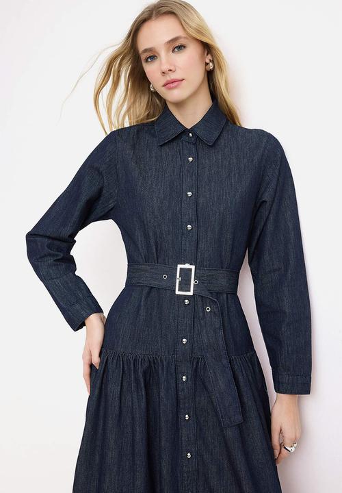 Trendyol - Drape Belted Maxi Denim Dress - Dark Blue