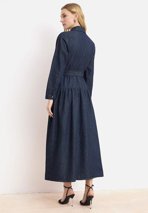Trendyol - Drape Belted Maxi Denim Dress - Dark Blue