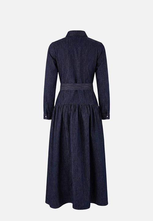 Trendyol - Drape Belted Maxi Denim Dress - Dark Blue