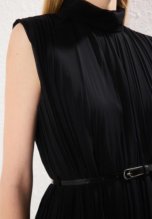 Trendyol - Belted Straight Cut Pleated Midi Lined Chiffon Woven Dress - Black