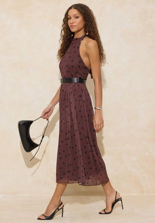 Trendyol - Polka Dot Waist Cutout Halter Neck Pleated Maxi Tulle Knitted Dress - Brown