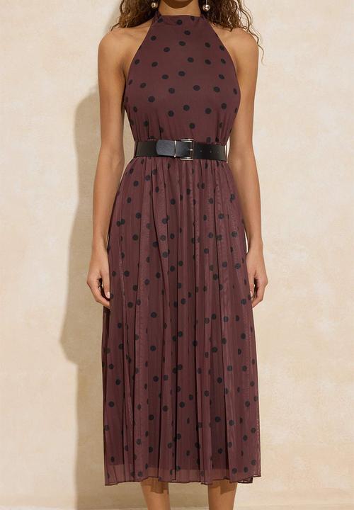 Trendyol - Polka Dot Waist Cutout Halter Neck Pleated Maxi Tulle Knitted Dress - Brown