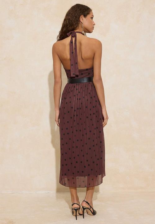 Trendyol - Polka Dot Waist Cutout Halter Neck Pleated Maxi Tulle Knitted Dress - Brown