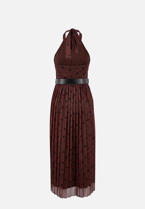 Trendyol - Polka Dot Waist Cutout Halter Neck Pleated Maxi Tulle Knitted Dress - Brown