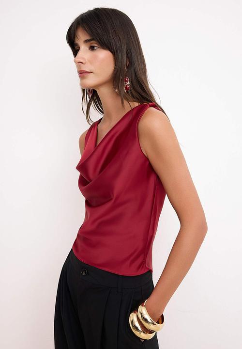 Trendyol - Plain Collar Satin Blouse - Red