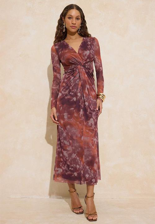 Trendyol - Abstract Floral Pattern Lined Tulle Maxi Dress - Multi-Colored