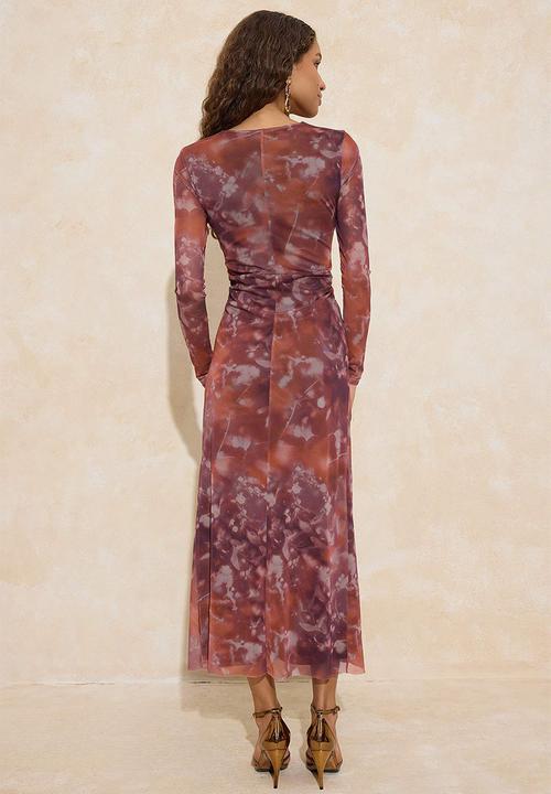 Trendyol - Abstract Floral Pattern Lined Tulle Maxi Dress - Multi-Colored