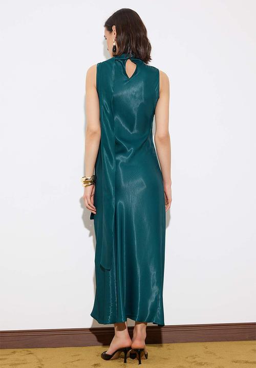 Trendyol - Plain Woven Satin Midi Evening Dress - Emerald Green