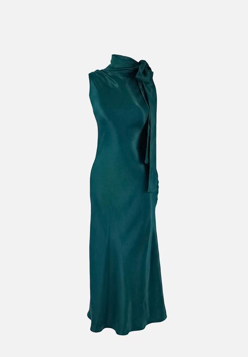 Trendyol - Plain Woven Satin Midi Evening Dress - Emerald Green