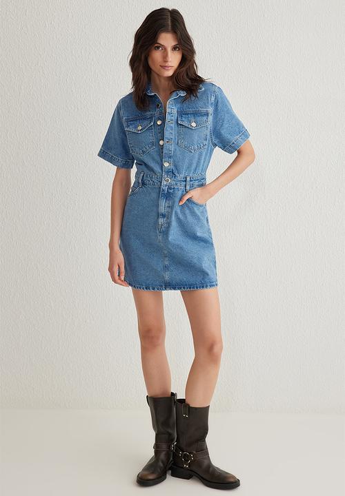 Trendyol - Pocket Detail Short Sleeve Mini Denim Shirt Dress - Blue
