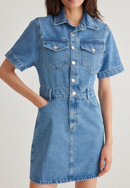 Trendyol - Pocket Detail Short Sleeve Mini Denim Shirt Dress - Blue