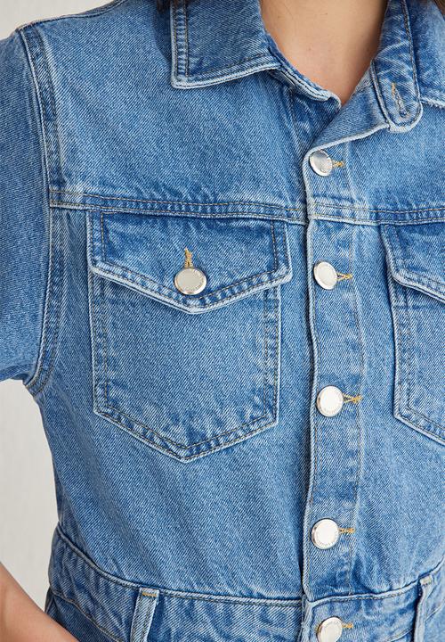 Trendyol - Pocket Detail Short Sleeve Mini Denim Shirt Dress - Blue