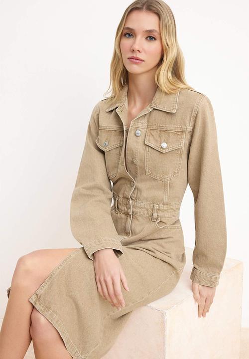 Trendyol - Shirt Collar Maxi Denim Dress - Beige