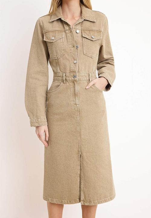 Trendyol - Shirt Collar Maxi Denim Dress - Beige