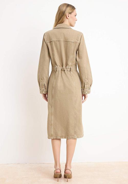 Trendyol - Shirt Collar Maxi Denim Dress - Beige