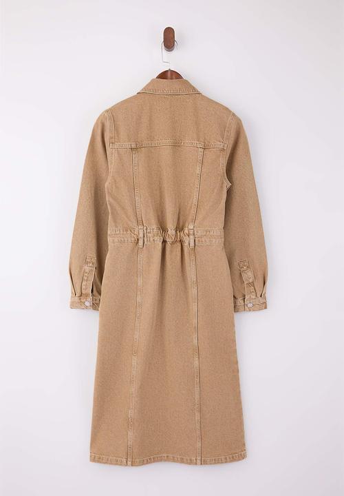 Trendyol - Shirt Collar Maxi Denim Dress - Beige
