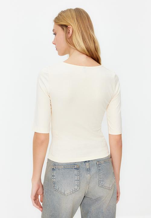 Trendyol - Fitted Short Sleeve Blouse - Stone