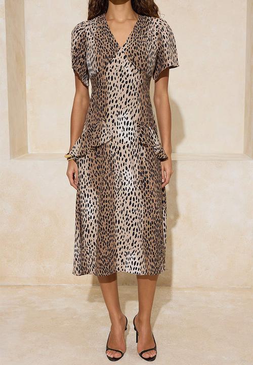 Trendyol - Animal Pattern Ruffle and Tie Detail Midi Woven Dress - brown