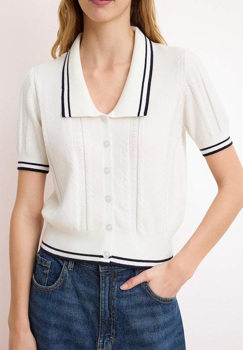 Trendyol - Polo Collar Buttoned Short Sleeve Knitwear - Ecru