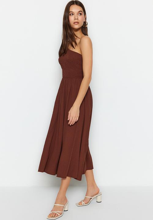 Trendyol - Waist Opening One Shoulder Midi Woven Dress - Brown