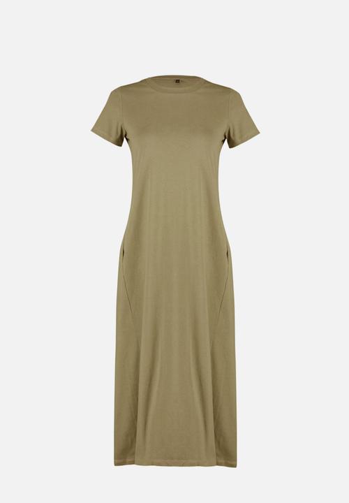Trendyol - Pocketed A-Line Knitted Midi Dress - Khaki