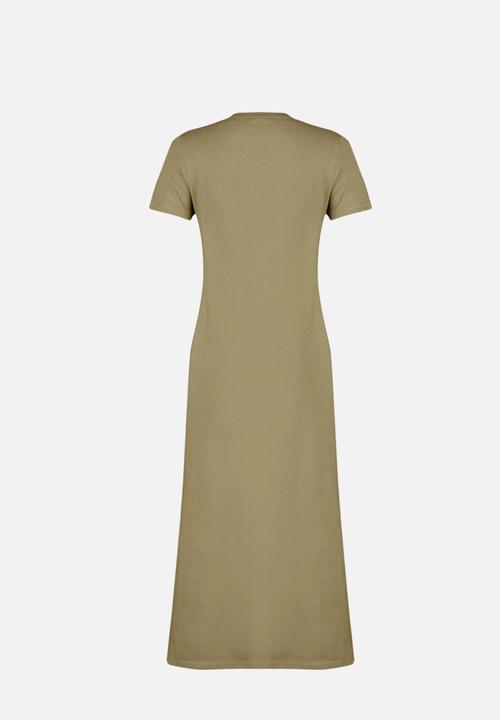 Trendyol - Pocketed A-Line Knitted Midi Dress - Khaki