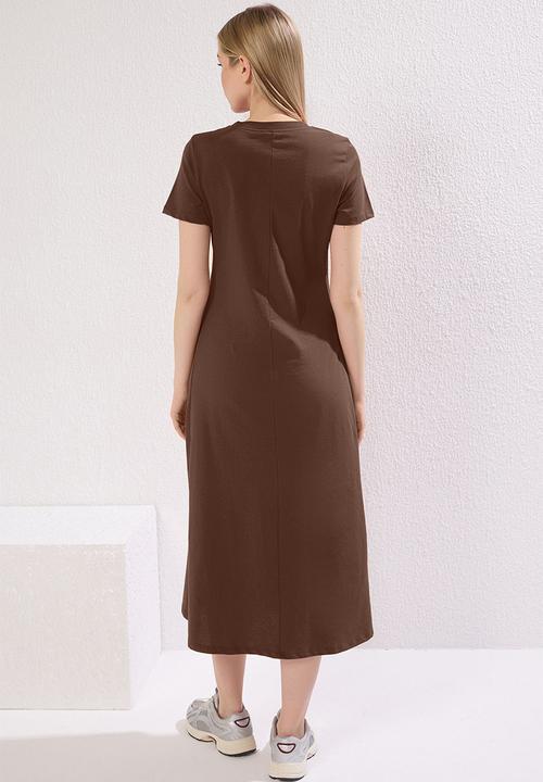 Trendyol - Midi Knitted Dress with Pocket - Brown