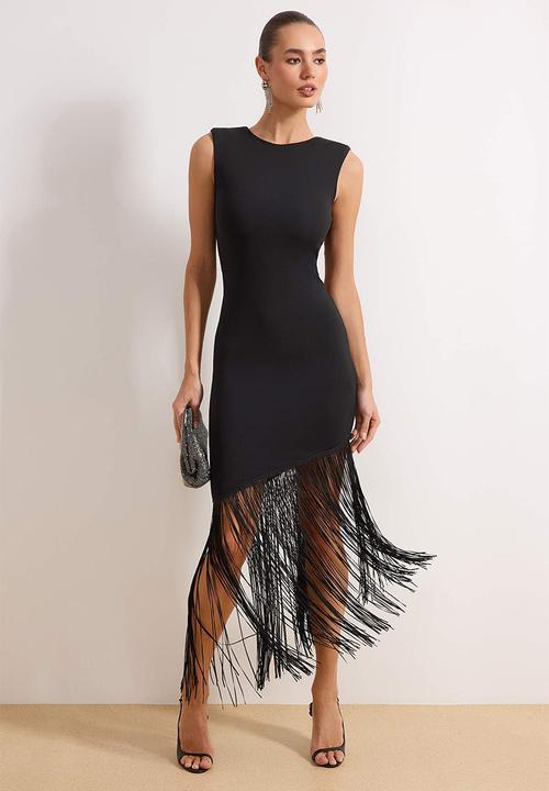 Trendyol - Tassel Detailed Knitted Evening Dress - Black