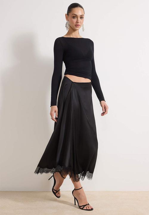 Trendyol - Lace Panel Satin Skirt - Black
