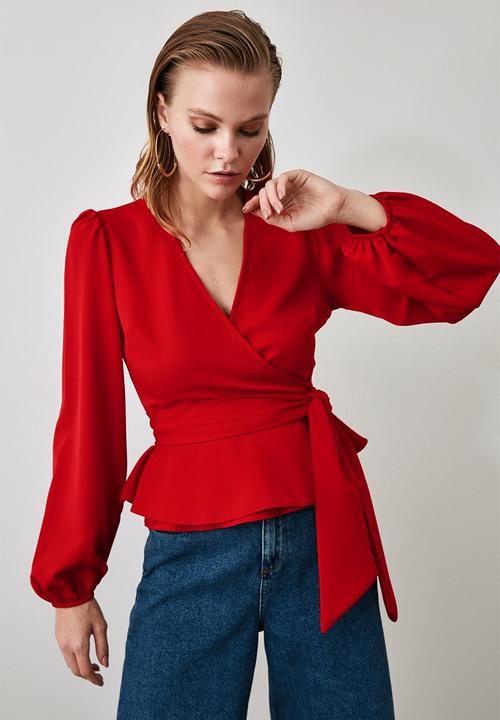Trendyol - Double-Breasted Blouse with Tie Detail - Red