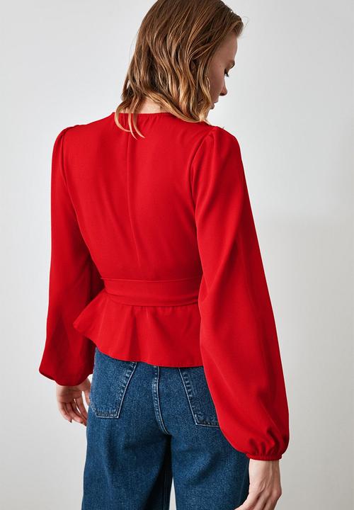 Trendyol - Double-Breasted Blouse with Tie Detail - Red