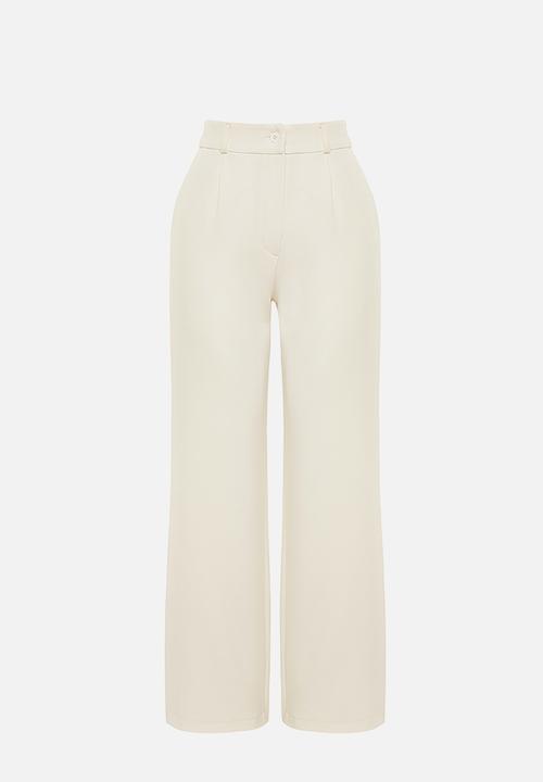 Trendyol - High Waist Pleated Wide Leg Pants - Ecru