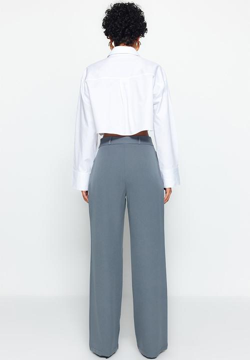 Trendyol - High Waist Pleated Wide Leg Pants - Indigo