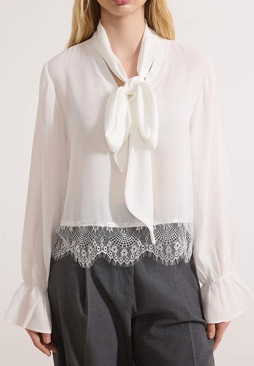 Trendyol - Woven Blouse with Scarf and Lace Detail - White