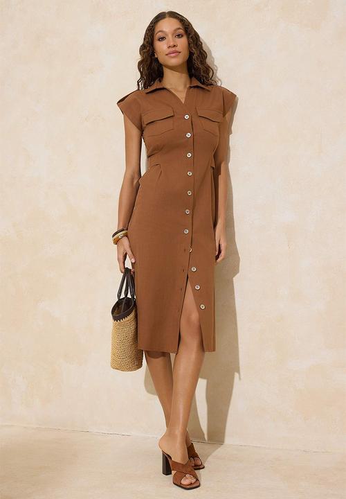 Trendyol - Plain Accessory Detailed Midi Woven Shirt Dress - Brown