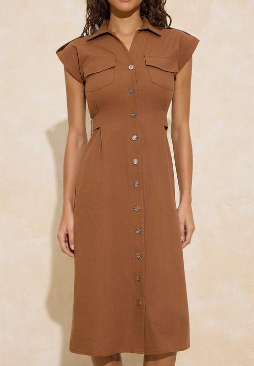 Trendyol - Plain Accessory Detailed Midi Woven Shirt Dress - Brown