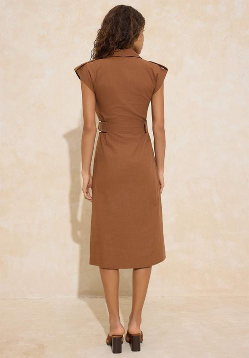 Trendyol - Plain Accessory Detailed Midi Woven Shirt Dress - Brown