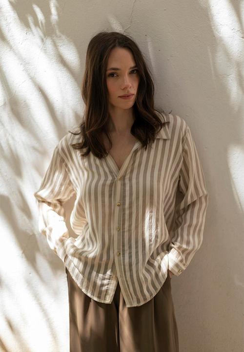Trendyol - Fit Striped Woven Shirt - Beige