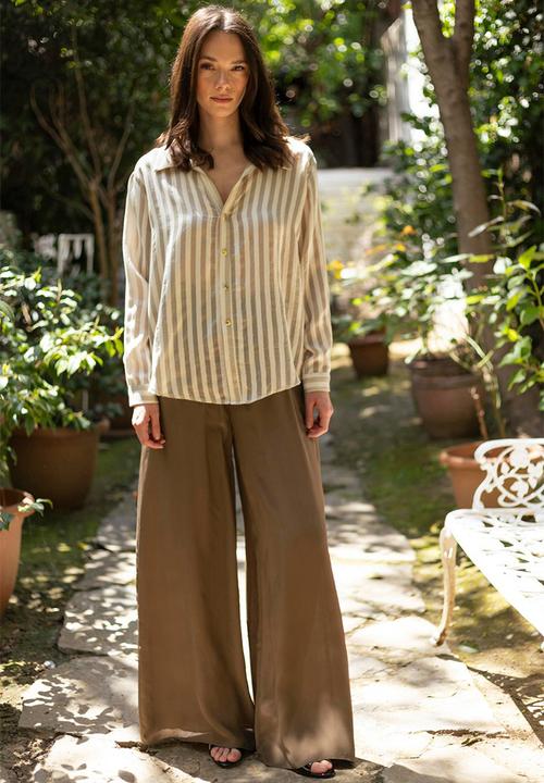 Trendyol - Fit Striped Woven Shirt - Beige