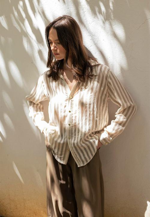 Trendyol - Fit Striped Woven Shirt - Beige