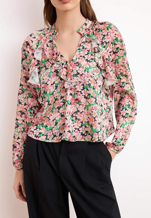 Trendyol - Floral Ruffle Detail Satin Blouse - Pink