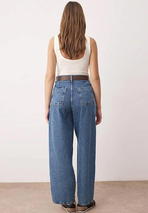 Trendyol - High Waist Baggy Jeans with Belt Detail - Blue