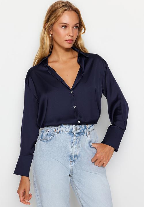 Trendyol - Oversize Satin Woven Shirt - Navy Blue