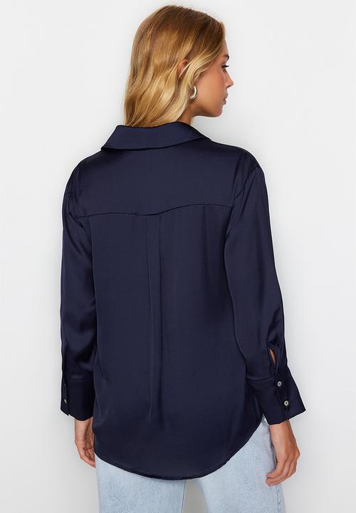 Trendyol - Oversize Satin Woven Shirt - Navy Blue