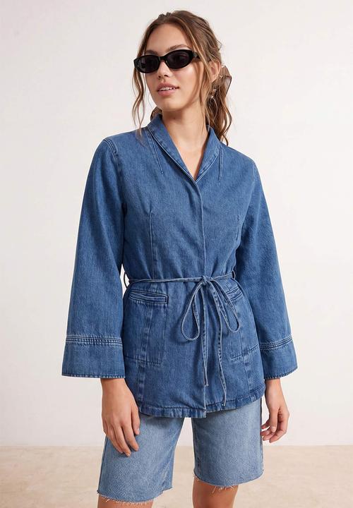 Trendyol - Belted 100% Cotton Oversize Denim Jacket - Blue