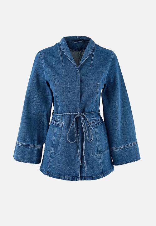 Trendyol - Belted 100% Cotton Oversize Denim Jacket - Blue