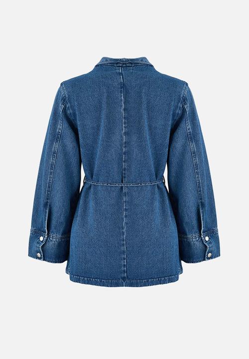 Belted 100% Cotton Oversize Denim Jacket - Blue