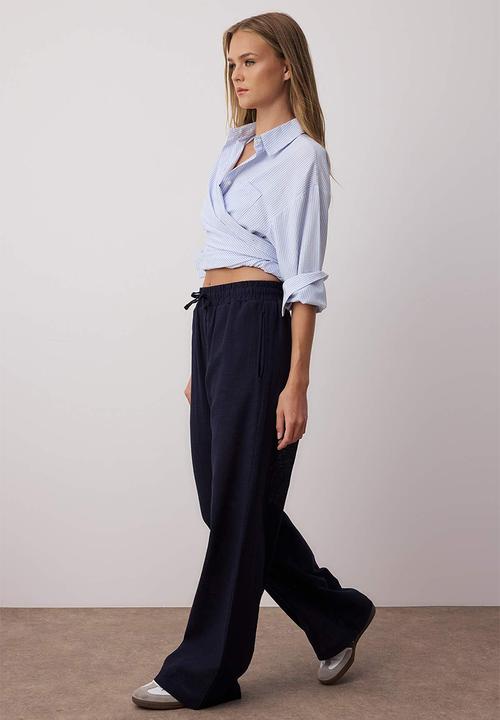 Trendyol - Linen Look Wide Leg Pant - Navy Blue